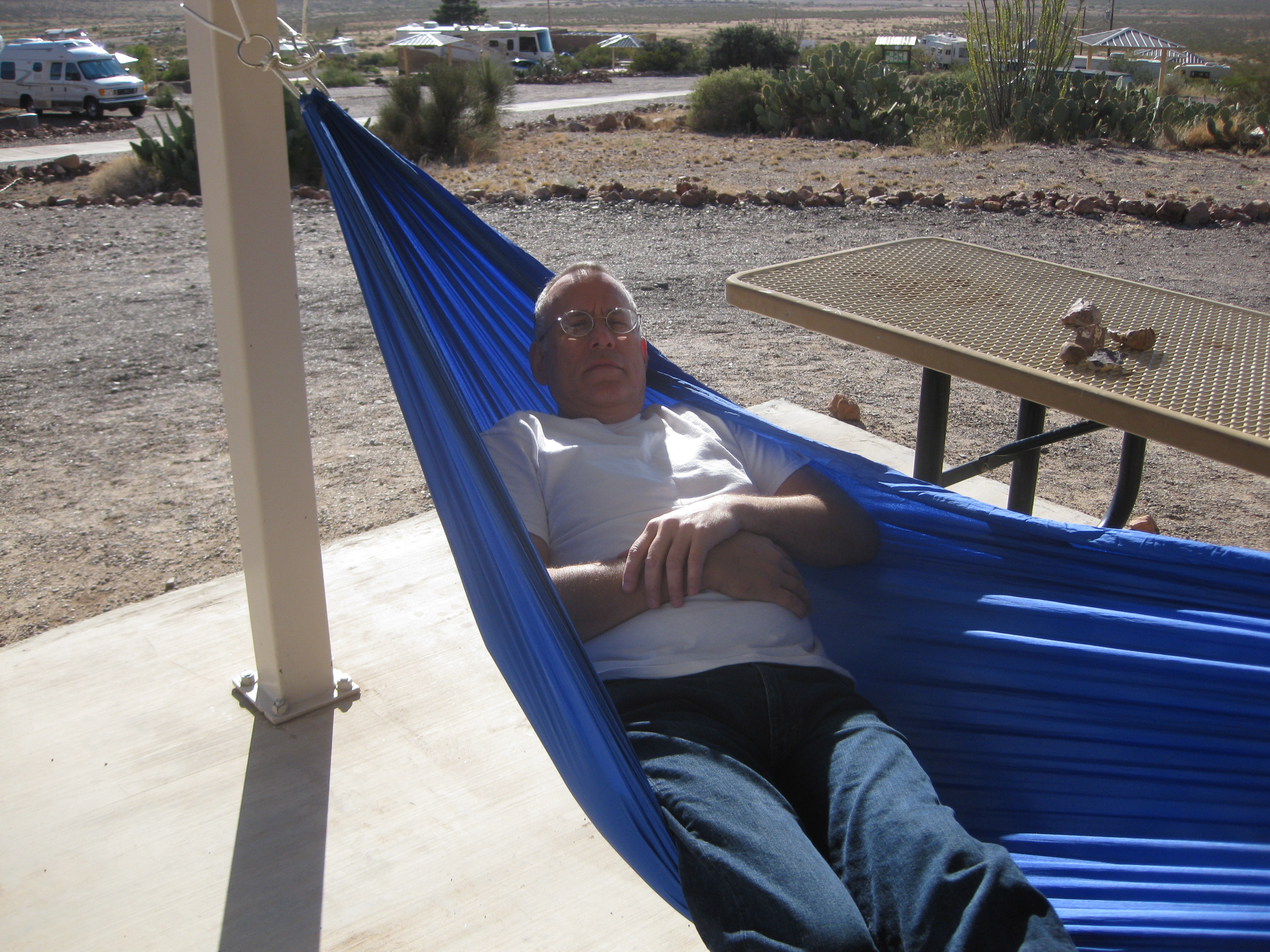 Chuck in a hammock at Rock Hound State Park